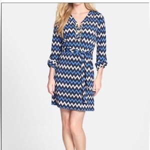 Michael Kors S Chevron Dress Blue/Black/White Gold Chain V-Neck Midi Tunic EUC